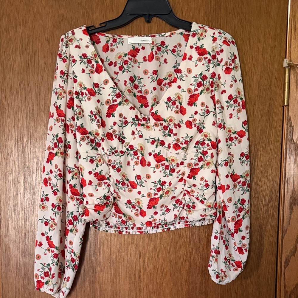 Floral Wrap Blouse in Cream and Red - Women's Top